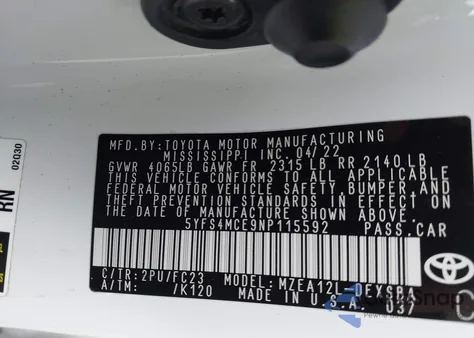 2022 Toyota Corolla Se z USA, uszkodzony, nr VIN 5YFS4MCE9NP115592